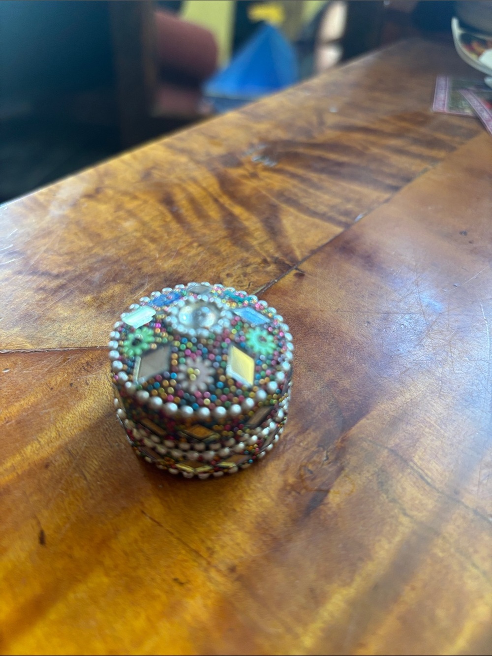 Handcrafted Beaded Round Trinket Box - Colorful Floral Mosaic